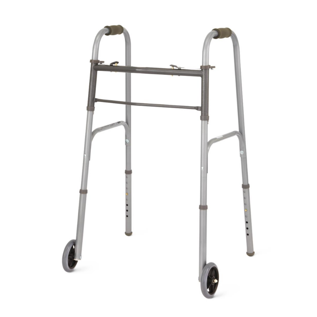 The Medline Two-Button Folding Walker with 5 Wheels is an aluminum mobility aid featuring two front wheels and padded handles. Its adjustable height, visible through leg holes, ensures a perfect fit to assist with movement.